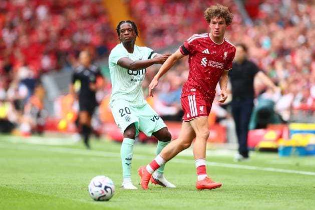 Flavio Nazinho of Monaco and Lewis Koumas of Liverpool Liverpool v Monaco, Pre Season Friendly, Football, Anfield, Liverpool, UK - 09 Aug 2026Liverpool Anfield United Kingdom EDITORIAL USE ONLY No use with unauthorised audio, video, data, fixture lists, club league logos or live services. Online in-match use limited to 120 images, no video emulation. No use in betting, games or single club league player publications. Copyright: xPaulxCurrie Shutterstockx 17051142cx