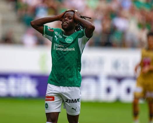 August 9, 2026, Soccer, Brack Super League 2026–27, Matchday 3, FC St. Gallen 1879 vs. FC Lucerne, Berit Sitter Stadium, St. Gallen, Switzerland; Aliou Balde, No. 14, of FC St. Gallen 1879 after missing a scoring opportunity; Photo by Urs Ottiger