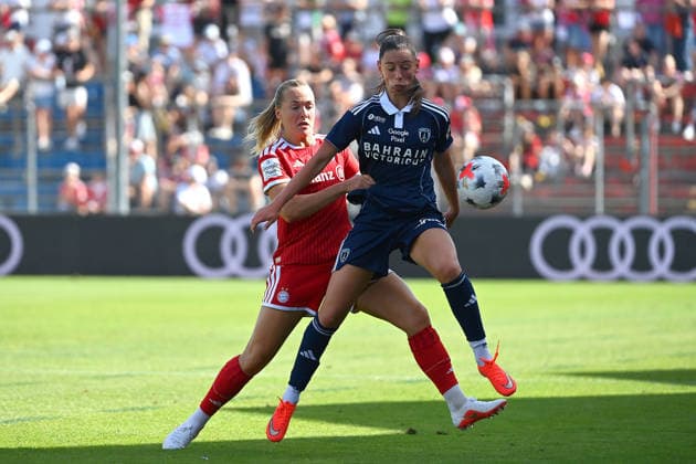 Katharina NASCHENWENG (FCB), in action, challenging Aurelie Regndees of Paris in a friendly match between Bayern Munich Women and Paris FC on August 9, 2026, at Sportpark Unterhaching, 2026–2027 season,