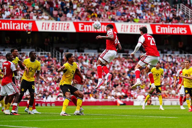 Shot on goal, scoring chance (header) by Gabriel Magalhaes, Arsenal FC, June, Arsenal FC vs. Borussia Dortmund, soccer, Emirates Cup 2026, 2026–2027 season, August 9, 2026, Germany, Arsenal FC vs. Borussia Dortmund, Soccer, Emirates Cup 2026, 2026–2027 Season, August 9, 2026, London Copyright: xEibner-Pressefoto MarcelxvonxFehrnx EP_MFN_P