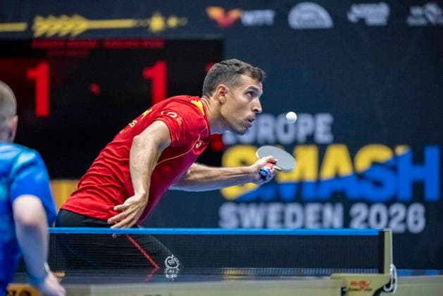 MALMÖ, August 9, 2026 — Alvaro Robles of Spain serves against Nikita Artemenko of Russia in the second qualifying round of the WTT Europe Smash Sweden 2026 table tennis tournament at Baltiska Hallen in Malmö, Sweden, on August 9, 2026 MALMÖ SWEDEN x50090x  Copyright: xJohanxNilssonx xTTx EUROPE SMASH SWEDEN 2026