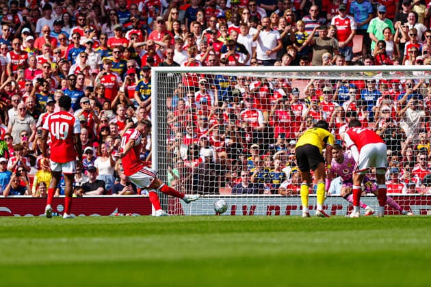 Goal to make it 2–3 on a penalty kick by Viktor Gyökeres, Arsenal FC, August 14, 2026, Arsenal FC vs. Borussia Dortmund, Soccer, Emirates Cup 2026, 2026–2027 Season, August 9, 2026, GER, FC Arsenal vs. Borussia Dortmund, soccer, friendly match, 2026–2027 season, August 9, 2026, London Copyright: xEibner-Pressefoto MarcelxvonxFehrnx EP_MFN_P