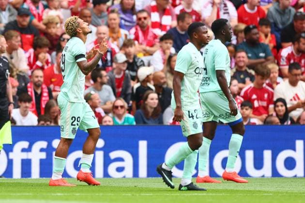 Paris Brunner of Monaco celebrates scoring to make it 2-3 Liverpool v Monaco, Pre Season Friendly, Football, Anfield, Liverpool, UK - 09 Aug 2026Liverpool Anfield United Kingdom EDITORIAL USE ONLY No use with unauthorised audio, video, data, fixture lists, club league logos or live services. Online in-match use limited to 120 images, no video emulation. No use in betting, games or single club league player publications. Copyright: xPaulxCurrie Shutterstockx 17051142ew
