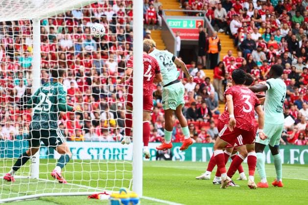 Paris Brunner of Monaco scoring to make it 2-3 Liverpool v Monaco, Pre Season Friendly, Football, Anfield, Liverpool, UK - 09 Aug 2026Liverpool Anfield United Kingdom EDITORIAL USE ONLY No use with unauthorised audio, video, data, fixture lists, club league logos or live services. Online in-match use limited to 120 images, no video emulation. No use in betting, games or single club league player publications. Copyright: xPaulxCurrie Shutterstockx 17051142ez