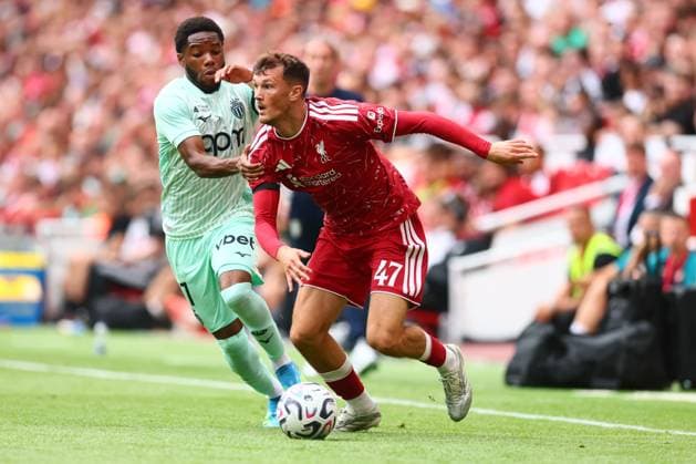 Stanis Idumbo of Monaco and Calvin Ramsay of Liverpool Liverpool v Monaco, Pre Season Friendly, Football, Anfield, Liverpool, UK - 09 Aug 2026Liverpool Anfield United Kingdom EDITORIAL USE ONLY No use with unauthorised audio, video, data, fixture lists, club league logos or live services. Online in-match use limited to 120 images, no video emulation. No use in betting, games or single club league player publications. Copyright: xPaulxCurrie Shutterstockx 17051142fb