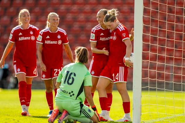 August 9, 2026, Google Pixel Women s Bundesliga Friendly: FC Bayern Women vs. Paris FC, at Sportpark Unterhaching, Alara Sehitler celebrates a goal (right), FC Bayern Munich
