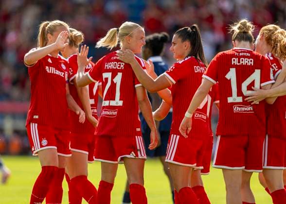 August 9, 2026, Google Pixel Women s Bundesliga Friendly Match: FC Bayern Women vs. Paris FC, at Sportpark Unterhaching, Pernille Harder of FC Bayern Munich Celebrates a Goal