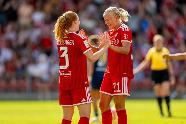 August 9, 2026, Google Pixel Women s Bundesliga Friendly Match: FC Bayern Women vs. Paris FC, at Sportpark Unterhaching; Pernille Harder (right), FC Bayern Munich, celebrating a goal with Stine Ballisager, FC Bayern Munich