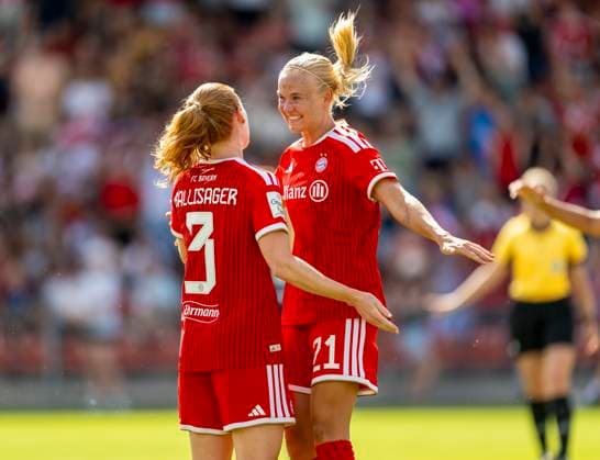 August 9, 2026, Google Pixel Women s Bundesliga Friendly Match: FC Bayern Women vs. Paris FC, at Sportpark Unterhaching; Pernille Harder (right), FC Bayern Munich, celebrating a goal with Stine Ballisager, FC Bayern Munich