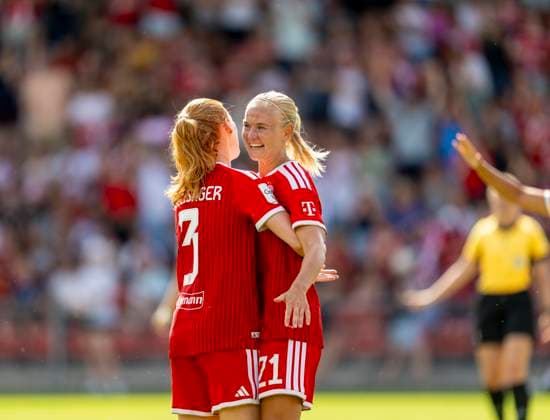August 9, 2026, Google Pixel Women s Bundesliga Friendly Match: FC Bayern Women vs. Paris FC, at Sportpark Unterhaching; Pernille Harder (right), FC Bayern Munich, celebrating a goal with Stine Ballisager, FC Bayern Munich