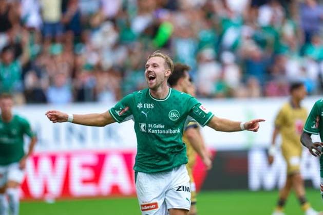 August 9, 2026, Soccer, Brack Super League 2026–27, Round 3, FC St. Gallen 1879 vs. FC Lucerne, Berit Sitter Stadium, St. Gallen, Switzerland; Lukas Daschner (No. 10), FC St. Gallen 1879, scores the 1–0 goal for FC St. Gallen; Photo by Urs Ottiger