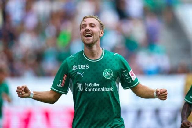 August 9, 2026, Soccer, Brack Super League 2026–27, Round 3, FC St. Gallen 1879 vs. FC Lucerne, Berit Sitter Stadium, St. Gallen, Switzerland; Lukas Daschner (No. 10), FC St. Gallen 1879, scores the 1–0 goal for FC St. Gallen; Photo by Urs Ottiger