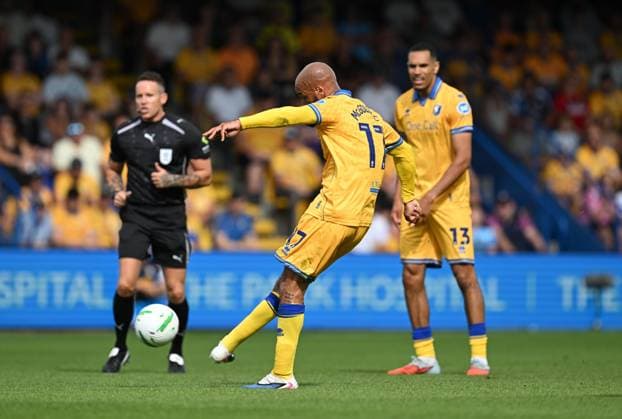 David McGoldrick of Mansfield Town has a shot Mansfield Town v Sheffield United, EFL Carabao Cup, First Round, Football, One Call Stadium, Mansfield, UK - 09 Aug 2026Mansfield One Call Stadium United Kingdom EDITORIAL USE ONLY No use with unauthorised audio, video, data, fixture lists, club league logos or live services. Online in-match use limited to 120 images, no video emulation. No use in betting, games or single club league player publications. Copyright: xAnnaxGowthorpe Shutterstockx 17051191ae