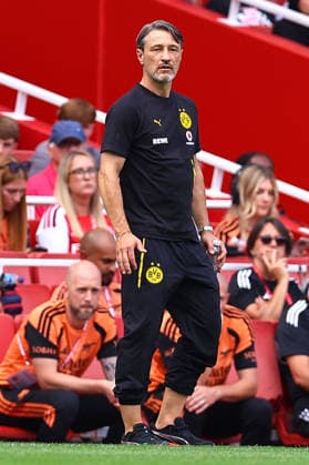 Borussia Dortmund manager Niko Kovac gestures to his players during the preseason friendly match between Arsenal FC and Borussia Dortmund at Emirates Stadium on August 9, 2026, in London, England. Photo by Ryan Crockett, DeFodi Images