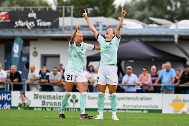 August 9, 2026, Soccer, Women s Bundesliga 2, 2026–2027, Matchday 2, SC Sand vs. SG 99 Andernach: Carolin Schraa (right) and Isabel Pfeiffer (left) celebrate after scoring the opening goal to take a 2–1 lead