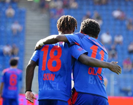 August 9, 2026 Swiss Men s Soccer Super League 2026–2027 Season FC Basel vs. FC Thun 4–2 Photo: Asane Sow, Kazeem Olaigabe, FC Basel celebrating a goal