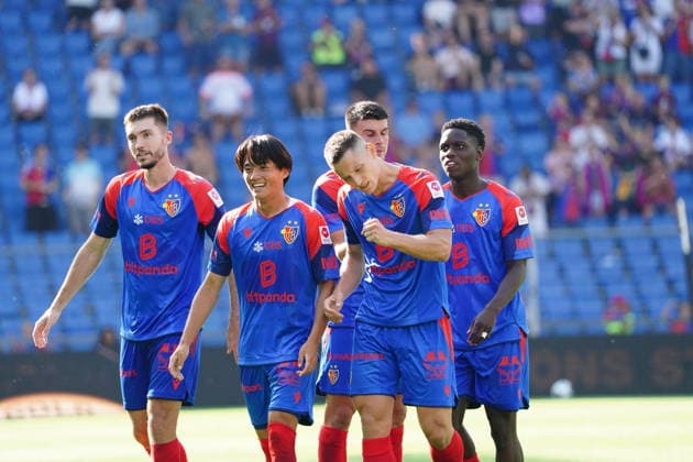 August 9, 2026 Switzerland Men s Soccer Super League 2026–2027 Season FC Basel vs. FC Thun 4–2 Photo: Leo Leroy and Keigo Tsunemoto celebrating a goal; Zan Celar, goal scorer; goal celebration