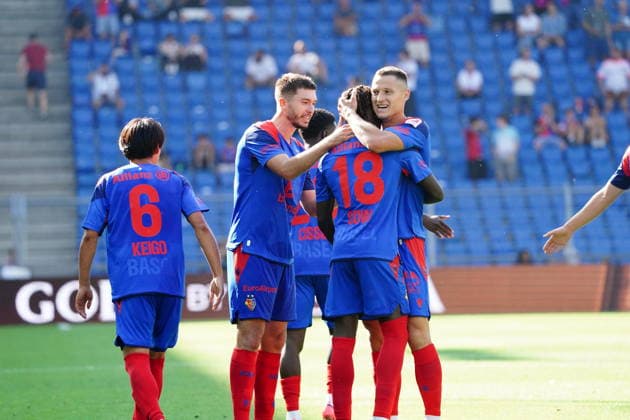 August 9, 2026 Swiss Men s Soccer Super League 2026–2027 Season FC Basel vs. FC Thun 4–2 Photo: Leo Leroy and Asane Sow celebrating a goal; Zan Celar, goal scorer; goal celebration action