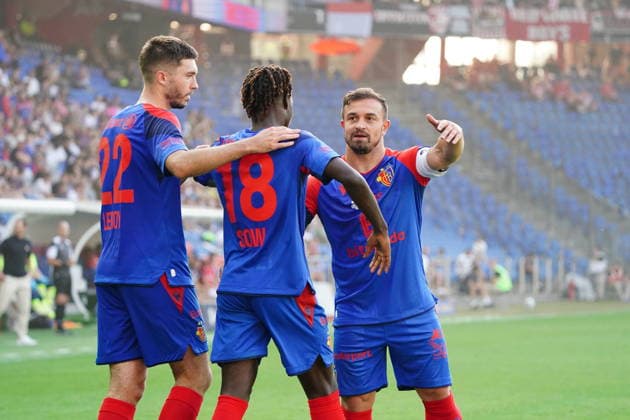 August 9, 2026 Swiss Men s Soccer Super League 2026–2027 Season FC Basel vs. FC Thun 4–2 Photo: Leo Leroy, Asane Sow, and Xherdan Shaqiri celebrating a goal for FC Basel