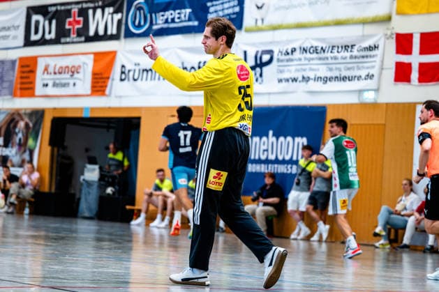 August 9, 2026, xdobgx, Heide Cup 2026 Handball Tournament, TSV Hannover Burgdorf vs. Handball Club Hamburg; from left: Joel Birlehm (TSV Hannover Burgdorf), 35, celebrating a saved shot; saved, blocked; Schneverdingen goalkeeper