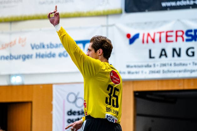 August 9, 2026, xdobgx, Heide Cup 2026 Handball Tournament, TSV Hannover Burgdorf vs. Handball Club Hamburg; from left: Joel Birlehm (TSV Hannover Burgdorf), 35, celebrating a saved shot; saved, blocked; Schneverdingen goalkeeper