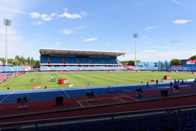 BIRMINGHAM, GREAT BRITAIN - August 9: General view from inside the Alexander Stadium a day before the European Athletics Championships 2026 at Alexander Stadium in Birmingham, Great Britain (Photo by Sven Beyrich Sports Press Photo) Copyright: xSvenxBeyrich SportsxPressxPhotox Sportspressphoto_SPR203027
