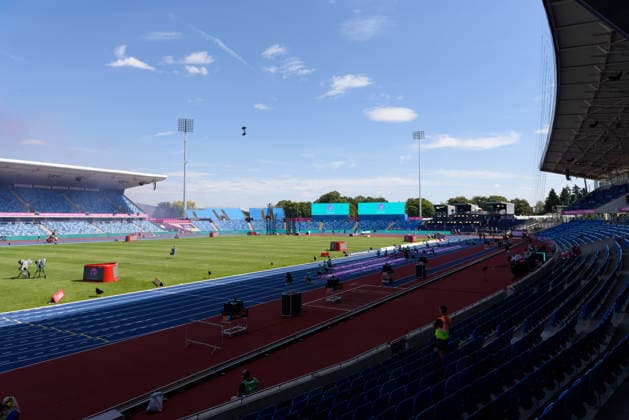 BIRMINGHAM, GREAT BRITAIN - August 9: General view from inside the Alexander Stadium a day before the European Athletics Championships 2026 at Alexander Stadium in Birmingham, Great Britain (Photo by Sven Beyrich Sports Press Photo) Copyright: xSvenxBeyrich SportsxPressxPhotox Sportspressphoto_SPR203028