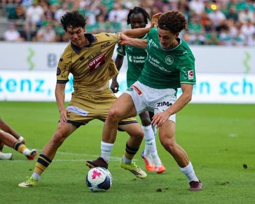August 9, 2026, Soccer, Brack Super League 2026–27, Round 3, FC St. Gallen 1879 vs. FC Lucerne, Berit Sitter Stadium, St. Gallen, Switzerland: Leon Frokaj (20), FC St. Gallen 1879, on the right in a tackle with Jesper Löfgren (3), FC Lucerne. Photo by Urs Ottiger