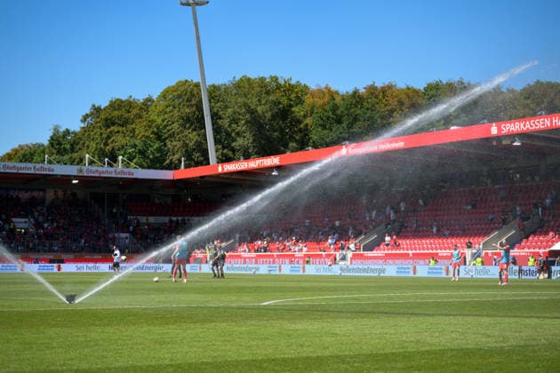Soccer, 2. Bundesliga, 20260808, 1. FC Heidenheim vs. VfL Osnabrück. Pictured: Stock photo of a sprinkler at the Voith Arena in Heidenheim, Baden-Württemberg, Germany Copyright: Passion2Press MarkusxFischerx