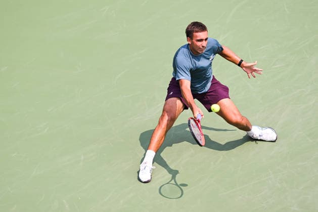 MONTREAL, QC - AUGUST 09: Daniel Merida (ESP) returns the ball during a fourth round match at National Bank Open on August 09, 2026 at IGA Stadium in Montreal, QC (Photo by David Kirouac Icon Sportswire) TENNIS: AUG 09 National Bank Open EDITORIAL USE ONLY Icon26080901226
