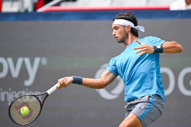 MONTREAL, QC - AUGUST 09: Thiago Augustin Tirante (ARG) returns the ball during a fourth round match at National Bank Open on August 09, 2026 at IGA Stadium in Montreal, QC (Photo by David Kirouac Icon Sportswire) TENNIS: AUG 09 National Bank Open EDITORIAL USE ONLY Icon26080901426