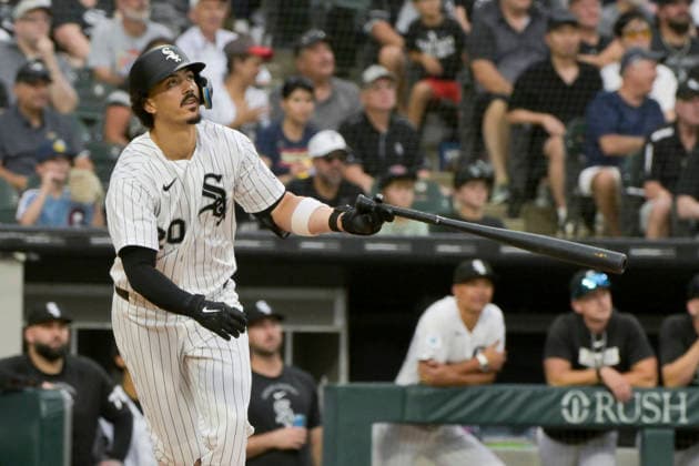 Chicago White Sox Miguel Vargas (20) doubles against Cleveland Guardians during the first inning at Rate Field in Chicago, IL on Sunday, August 9, 2026.  CHI20260809108 MARKxBLACK