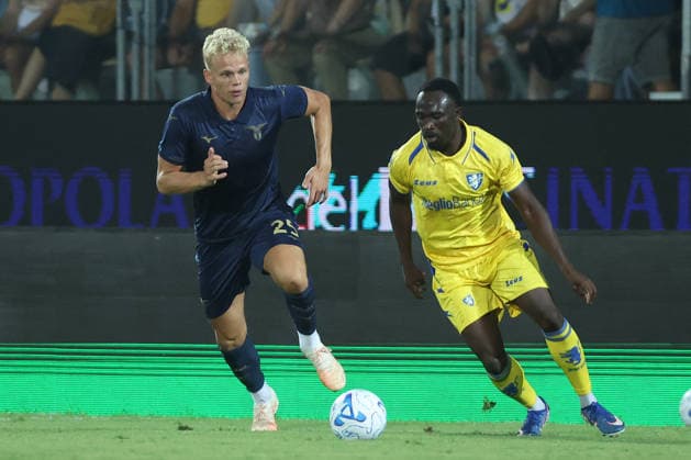 SOCCER - Friendly Match - Frosinone vs. Lazio Photo by IPA ABACAPRESS.COM87360839 - Frosinone, Italy, August 9, 2026: Oliver Provstgaard (center back) of S.S. Lazio and Seydou Fini of Frosinone in action during the friendly match between Frosinone Calcio and S.S. Lazio at Benito Stirpe Stadium. Frosinone Italy  Copyright: xIPAxSport ABACAx