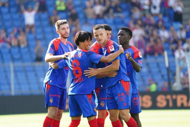 August 9, 2026 Switzerland Men s Soccer Super League 2026–2027 Season FC Basel vs. FC Thun 4–2 Photo: Leo Leroy and Keigo Tsunemoto celebrating a goal; Zan Celar, goal scorer; goal celebration
