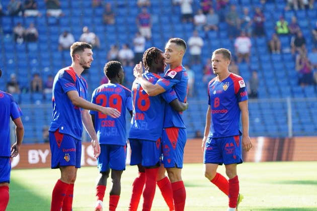 August 9, 2026 Swiss Men s Soccer Super League 2026–2027 Season FC Basel vs. FC Thun 4–2 Photo: Goal celebrations by Leo Leroy, Maussa Cisse, and Asane Sow; goal scorers Zan Celar and Becir Omeragic; goal celebrations