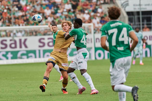 Brack Super League 2026–2027: FC St. Gallen 1879 vs. FC Lucerne, St. Gallen, Switzerland St. Gallen, Switzerland, August 9, 2026 Daniel Mikolajewski and Enoch Owusu during the Brack Super League match between FC St. Gallen 1879 and FC Lucerne in St. Gallen