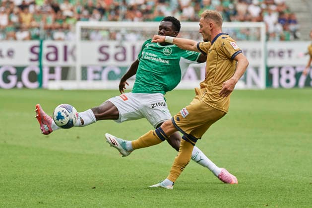 Brack Super League 2026–2027: FC St. Gallen 1879 vs. FC Lucerne, St. Gallen, Switzerland St. Gallen, Switzerland, August 9, 2026 Andrejs Ciganiks and Enoch Owusu during the Brack Super League match between FC St. Gallen 1879 and FC Lucerne in St. Gallen