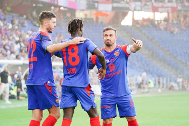 August 9, 2026 Swiss Men s Soccer Super League 2026–2027 Season FC Basel vs. FC Thun 4–2 Photo: Leo Leroy, Asane Sow, and Xherdan Shaqiri celebrating a goal for FC Basel