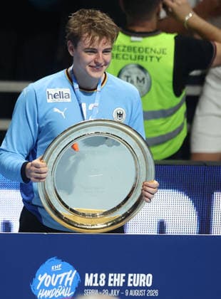 09.08.2026 Belgrade Germany-Slovenia European U18 men s handball championship final tournament final match Tjorven Knacstedt Germany Euro champion plate :