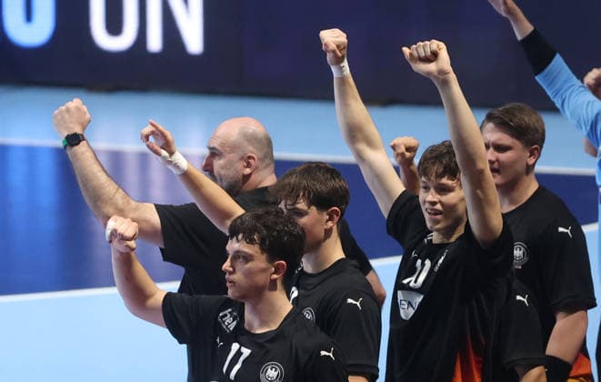 09.08.2026 Belgrade Germany-Slovenia European U18 men s handball championship final tournament final match Toma Gadza,Finn Meisssner,Kalle Gaugisch Germany celebration :
