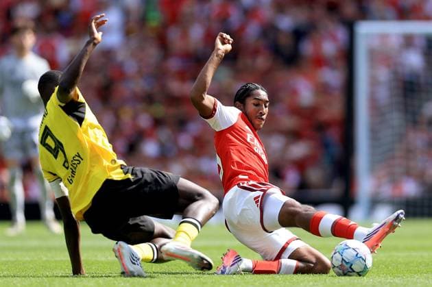 Marli Salmon of Arsenal in action against Serhou Guirassy of Borussia Dortmund Arsenal v Borussia Dortmund, Pre Season Friendly, Football, Emirates Stadium, London, UK - 09 Aug 2026London Emirates Stadium United Kingdom EDITORIAL USE ONLY No use with unauthorised audio, video, data, fixture lists, club league logos or live services. Online in-match use limited to 120 images, no video emulation. No use in betting, games or single club league player publications. Copyright: xGeorgexTewkesbury Shutterstockx 17051143fc