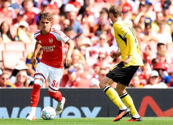 Max Dowman of Arsenal in action against Maximilian Beier of Borussia Dortmund Arsenal v Borussia Dortmund, Pre Season Friendly, Football, Emirates Stadium, London, UK - 09 Aug 2026London Emirates Stadium United Kingdom EDITORIAL USE ONLY No use with unauthorised audio, video, data, fixture lists, club league logos or live services. Online in-match use limited to 120 images, no video emulation. No use in betting, games or single club league player publications. Copyright: xGeorgexTewkesbury Shutterstockx 17051143fp