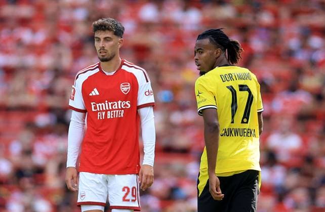 Kai Havertz of Arsenal and Carney Chukwuemeka of Borussia Dortmund Arsenal v Borussia Dortmund, Pre Season Friendly, Football, Emirates Stadium, London, UK - 09 Aug 2026London Emirates Stadium United Kingdom EDITORIAL USE ONLY No use with unauthorised audio, video, data, fixture lists, club league logos or live services. Online in-match use limited to 120 images, no video emulation. No use in betting, games or single club league player publications. Copyright: xGeorgexTewkesbury Shutterstockx 17051143fk