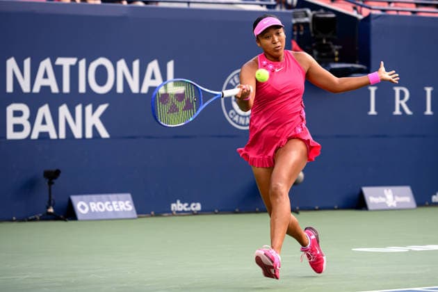 August 9, 2026, Toronto, Ontario, Canada: NAOMI OSAKA of Japan returns the ball during her round-of-16 match against Leylah Fernandez of Canada at the National Bank Open, part of the Hologic WTA, Tennis Damen Tour at Sobeys Stadium. Osaka defeated Fernandez 6-4, 6-4 to advance to the quarterfinals. Toronto Canada - ZUMAr228 20260809_znp_r228_030 Copyright: xVasiliyxRyabykhx