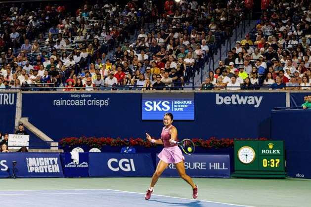 August 9, 2026, Toronto, On, Canada: Alexandra Eala of the Philippines returns the ball from Belinda Bencic of Switzerland during round of 16 National Bank Open Tennis action in Toronto, on Sunday, Aug. 9, 2026. Canada News - August 9, 2026  - ZUMAc35_ 20260809_zaf_c35_171 Copyright: xKeitoxNewmanx