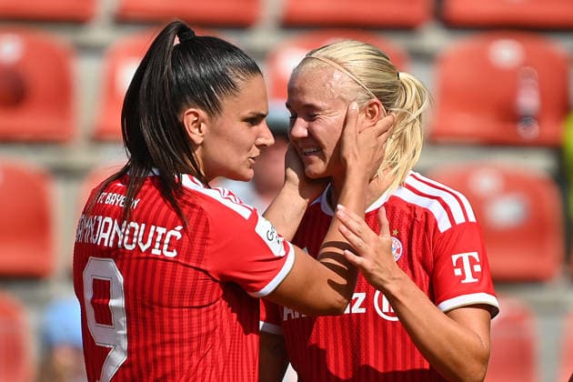 Goal celebration by Pernile HARDER (FCB) after Jovana DAMNJANOVIC (FCB) scored the 1-0 goal, Celebration, joy, excitement, soccer friendly match between Bayern Munich Women and Paris FC on August 9, 2026, at Sportpark Unterhaching, 2026–2027 season,