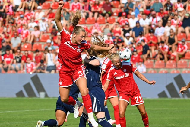 Penalty area play featuring Magdalena ERIKSSON (FCB) and Pernile HARDER (FCB), action, header, soccer, friendly match between Bayern Munich Women and Paris FC on August 9, 2026, at Sportpark Unterhaching, 2026–2027 season,