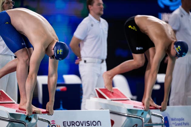 August 10, 2026: Linus Forsgren and Sam Bengtsson Nimander of Sweden in the men’s 100-meter breaststroke heats on day eleven of the 2026 European Aquatics Championships on August 10, 2026 in Saint-Denis. Photo by Joel Marklund, BILDBYRAN, code JM JM0838 bbeng swimming 2026 European Aquatics Championships EM Sweden  Copyright: JOELxMARKLUND BB260810JM033