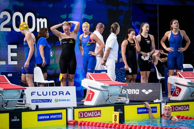August 10, 2026: Thilda Häll, Elvira Mörtstrand, Hanna Bergman, and Sofia Astedt of Sweden after competing in the women’s 4x200-meter freestyle swimming relay heats on day eleven of the 2026 European Aquatics Championships on August 10, 2026 in Saint Denis. Photo by Joel Marklund. BILDBYRAN code JM JM0838 bbeng swimming 2026 European Aquatics Championships EM women Sweden team relay  Copyright: JOELxMARKLUND BB260810JM048