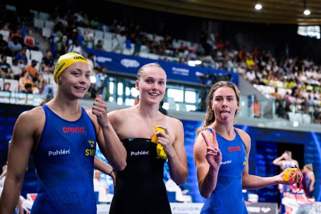August 10, 2026: Hanna Bergman, Elvira Mörtstrand, and Sofia Astedt of Sweden after competing in the women’s 4x200-meter freestyle swimming relay heats on the eleventh day of the 2026 European Aquatics Championships on August 10, 2026 in Saint-Denis. Photo by Joel Marklund, BILDBYRAN, code JM JM0838 bbeng swimming 2026 European Aquatics Championships European Championships women’s Sweden relay  Copyright: JOELxMARKLUND BB260810JM050